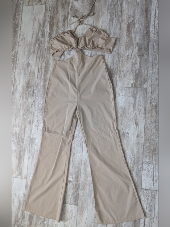 SHEIN Pants - SHEIN Beige Cutout Wide-Leg Jumpsuit